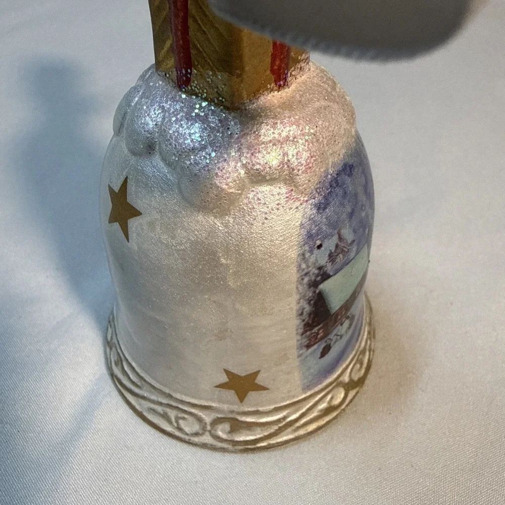 Vintage Porcelain Christmas Bell Ornament Winter Village Scene Gift Bow Top